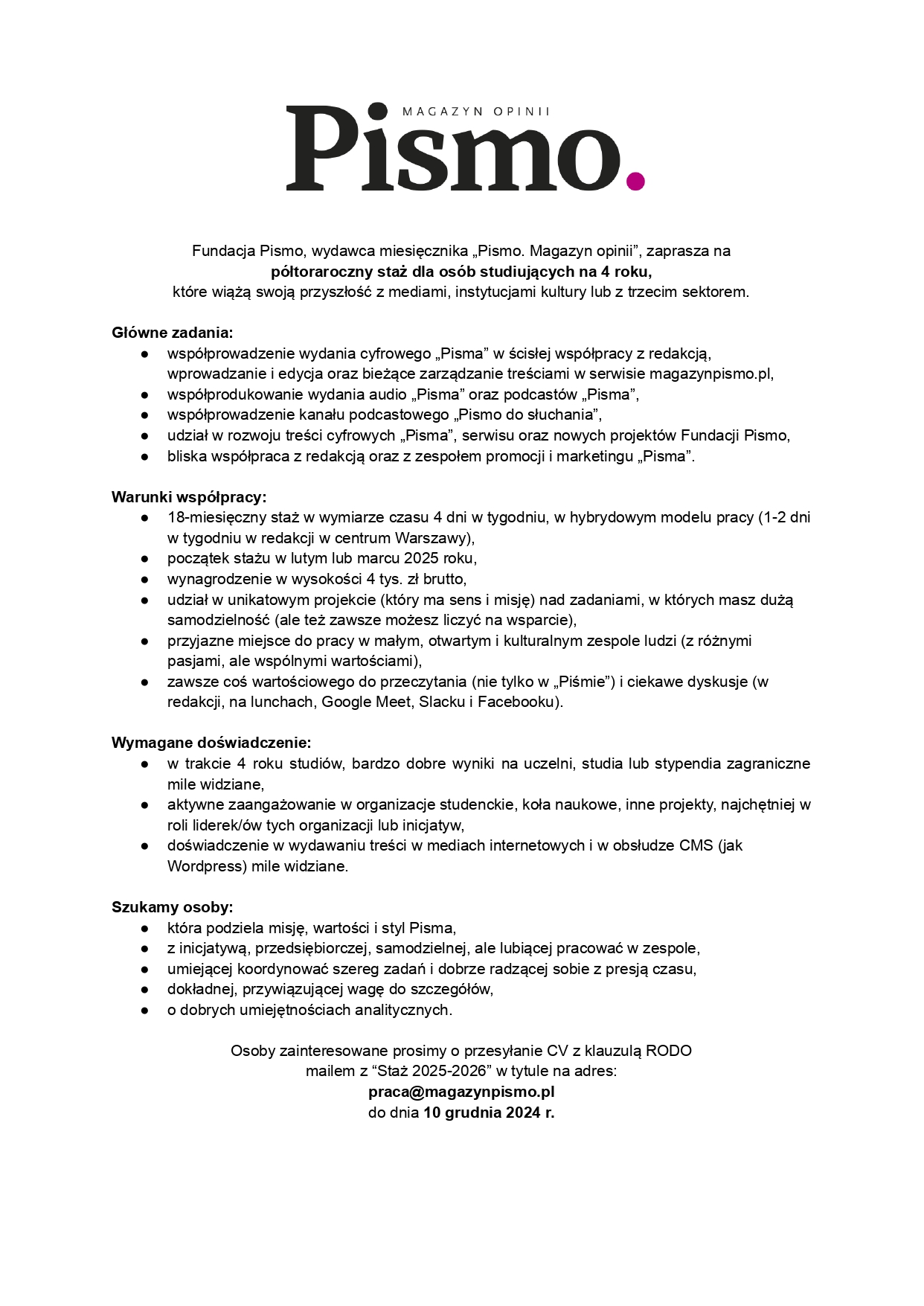 Staż 2025 ogłoszenie o pracę